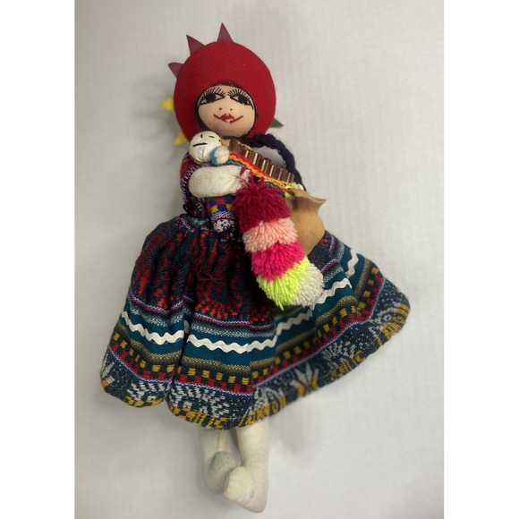 Vintage Embroidered Peruvian Folk Art Doll Handmade with 2Babies & Panpipes - Picture 7 of 16